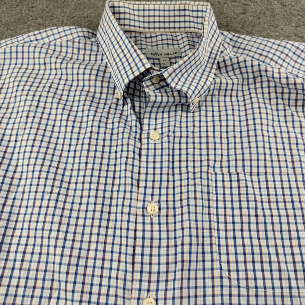 Peter Millar Mens XL Blue Orange Plaid Cotton Silk Blend Button Down Shirt
